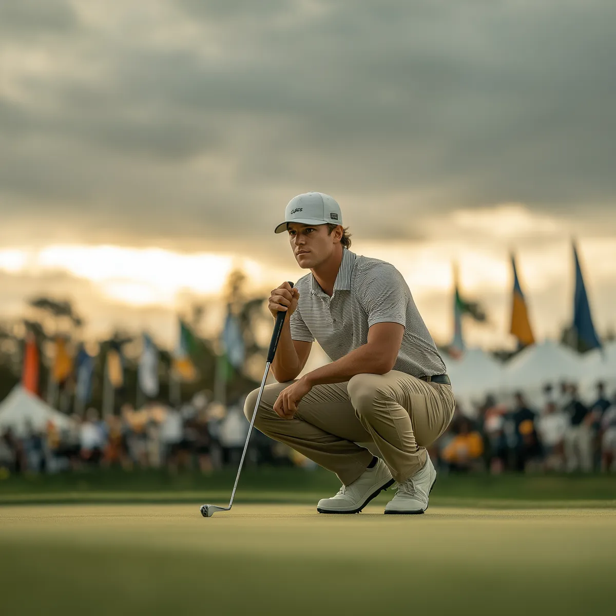 Golfer crouched behind his ball reading the line of a putt